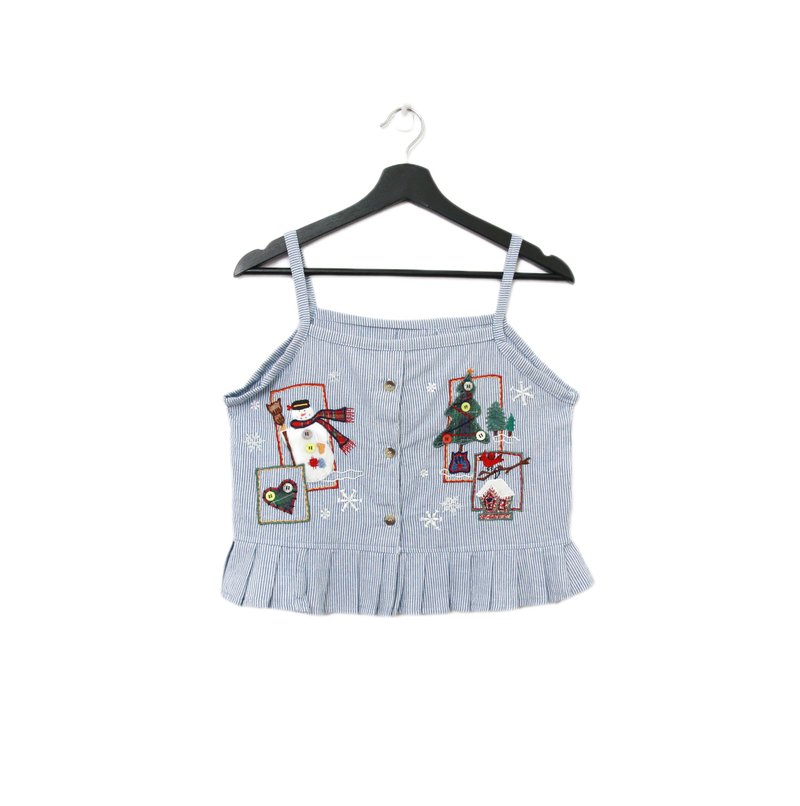 Back to Green-再製刺繡背心 冬季明信片 雪人sv-28/vintage vest - 背心/無袖上衣 - 棉．麻 