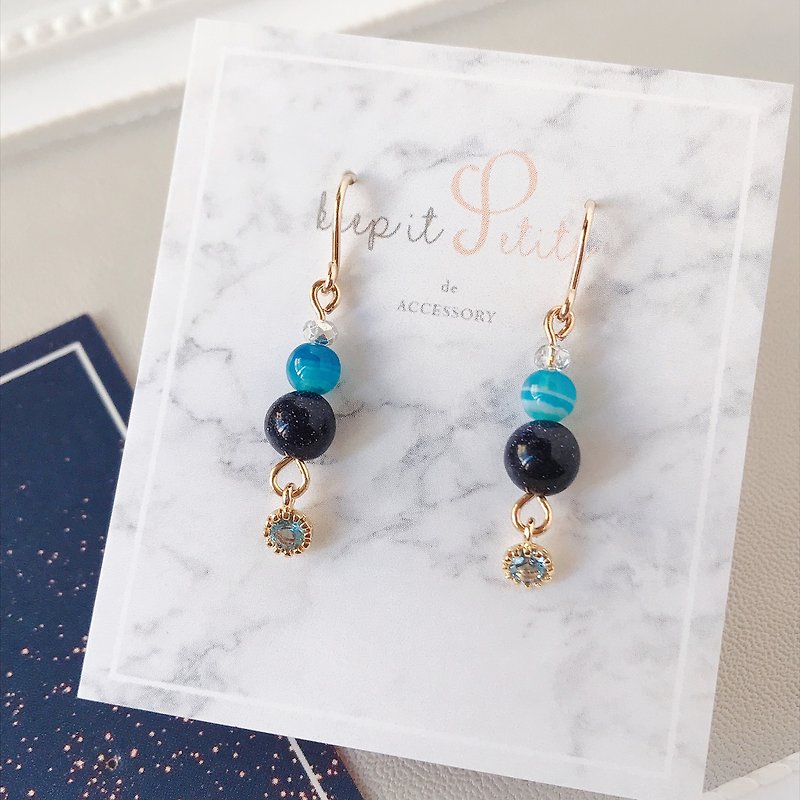 Blue sand Stone blue agate · · · small round Stone gold-plated 925 Silver earrings ear hook small gift - ต่างหู - หิน สีน้ำเงิน