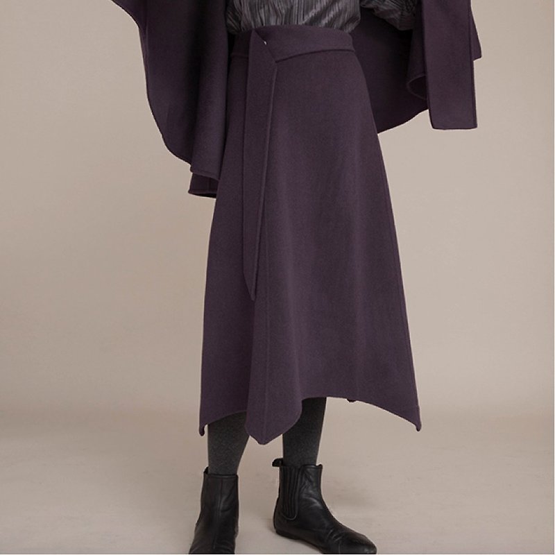 黛 purple double-sided wool fabric horn skirt high-end custom material irregular flower petal skirt - Skirts - Wool Purple