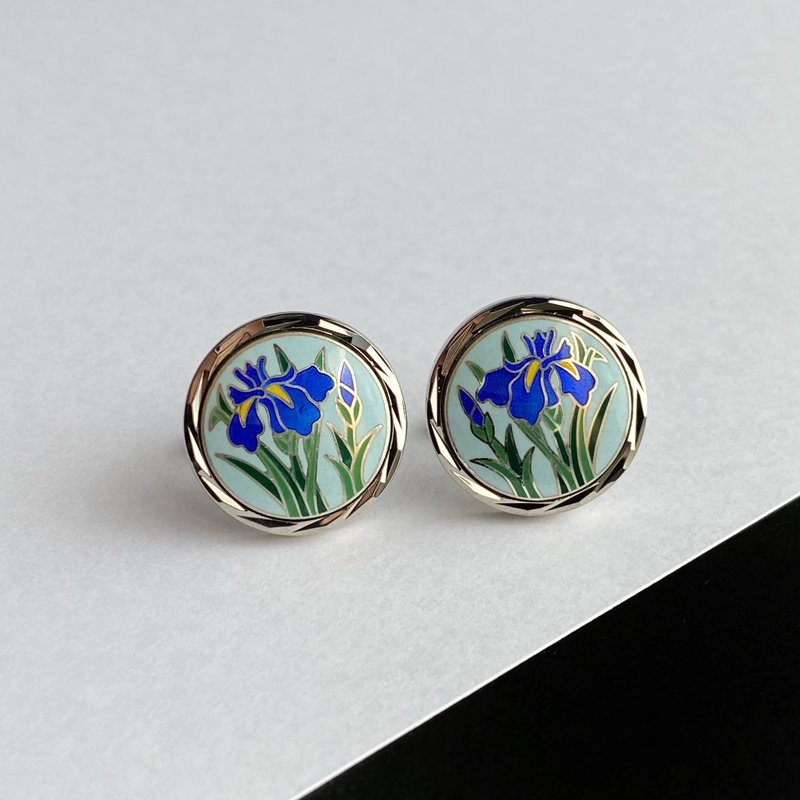 Silver Iris [Pearl Blue] Cloisonne cufflinks (cufflinks) Pure silver metal cloisonne Silver hardware - กระดุมข้อมือ - เงิน สีน้ำเงิน