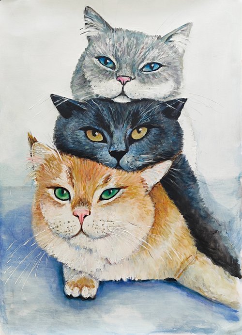 3匹の猫のアート 赤 黒 白 灰色 猫 オリジナル油絵 動物のアートワーク - ショップ SElenaVArt ウォールデコ・壁紙 - Pinkoi