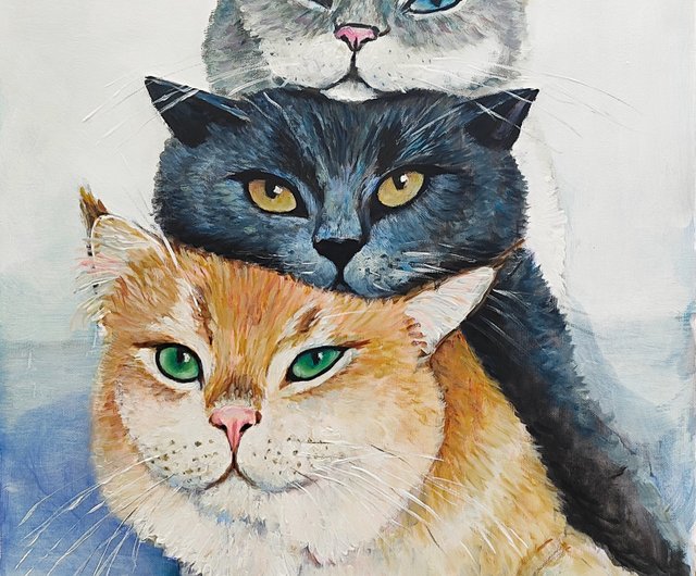 3匹の猫のアート 赤 黒 白 灰色 猫 オリジナル油絵 動物のアートワーク