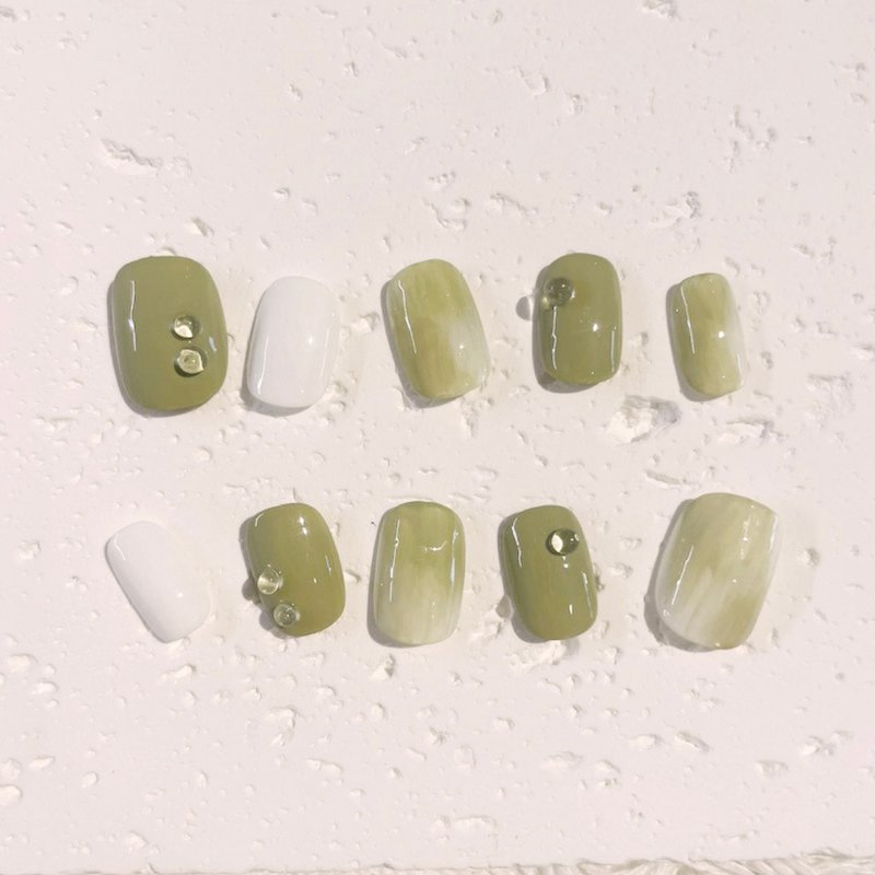 On the grass in the morning/short square/customized handmade nail polish - Other - Waterproof Material Green