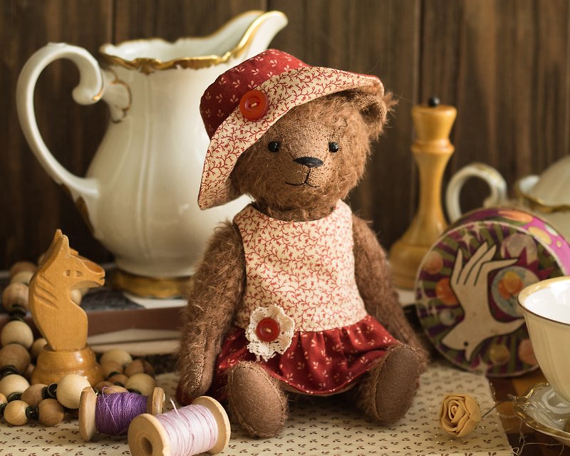 Artist brown teddy bear doll girl with red dress and hat handmade ooak - ตุ๊กตา - วัสดุอื่นๆ สีนำ้ตาล