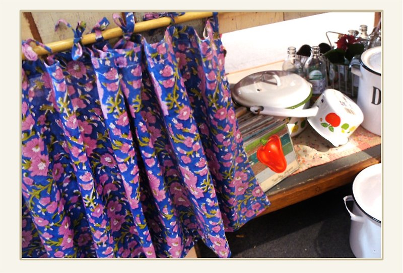 手作り木材印刷ショートカーテンライトカーテンインド綿*紫青花 - のれん・表札 - コットン・麻 