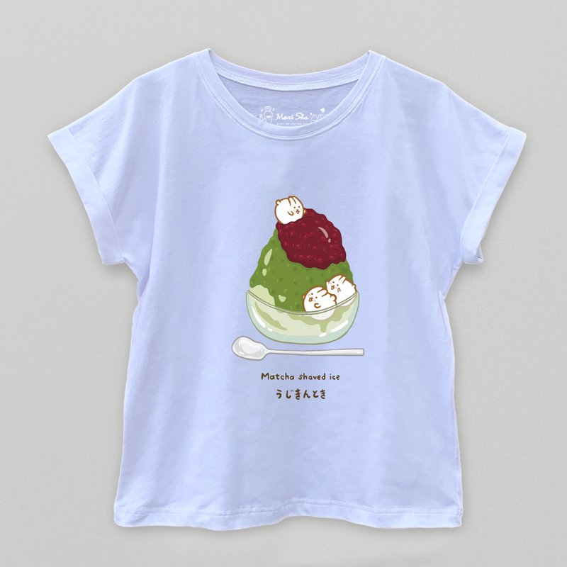 Mochi Rabbit Matcha Ice T-shirt - เสื้อยืดผู้หญิง - ผ้าฝ้าย/ผ้าลินิน ขาว