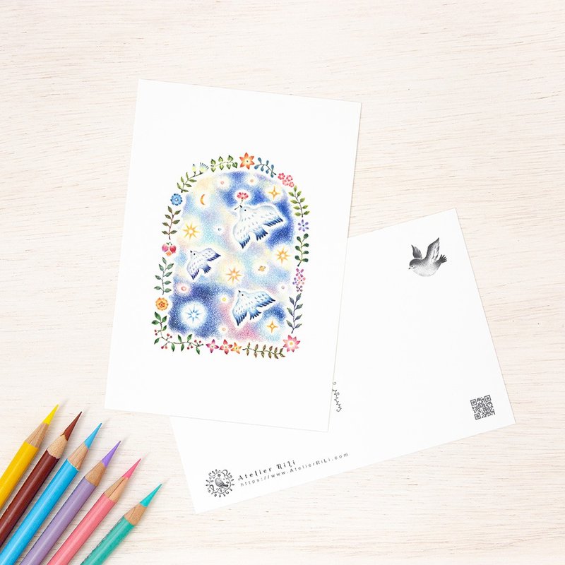 5枚セット。絵本のような。ポストカード "渡り鳥と小さな花々" PC-258 - 卡片/明信片 - 紙 藍色