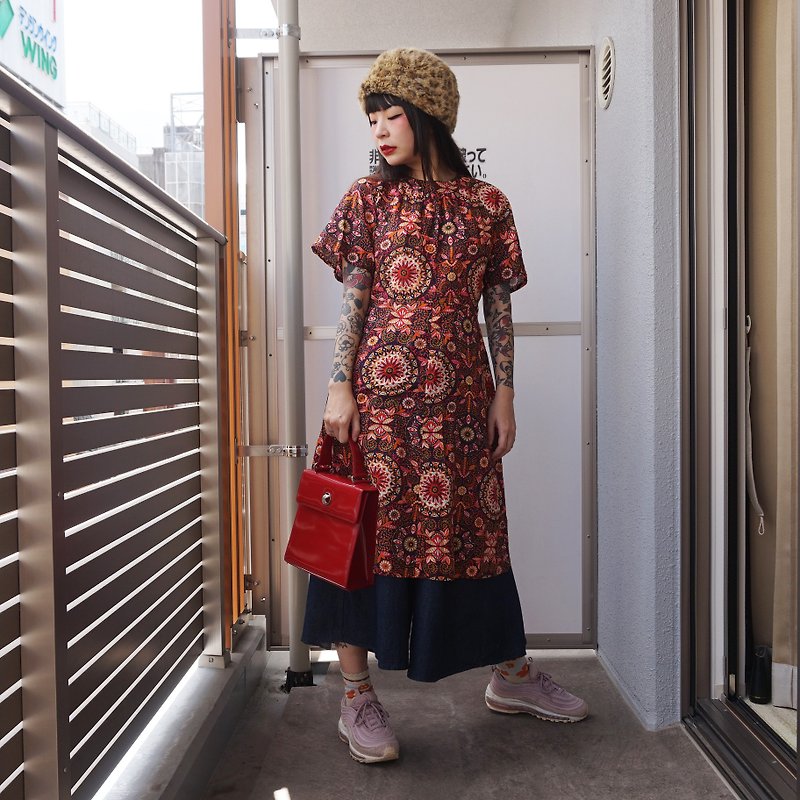 (Vintage日本古著洋裝)桔紅色花紋棉質洋裝F3593(生日禮物) - 連身裙 - 棉．麻 紅色