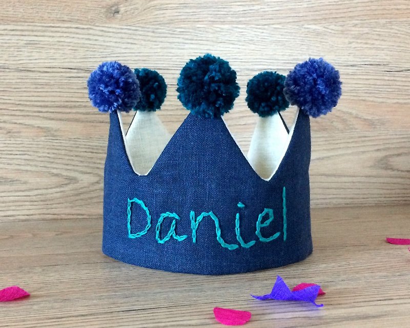 Personalized birthday crown, Dark blue 1st birthday crown, Toddler crown - 嬰兒帽子/髮帶 - 亞麻 藍色