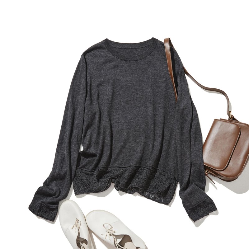 細部に遊び心が光るニットトップス　ウール混　レース編み裾ニット　ダークグレー251010-2 - 女毛衣/針織衫 - 羊毛 灰色