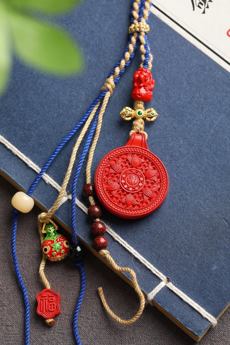 Natural cinnabar fine red sand yellow God of Wealth bag hanging key hanging cinnabar content is more than 95% - Keychains - Gemstone 