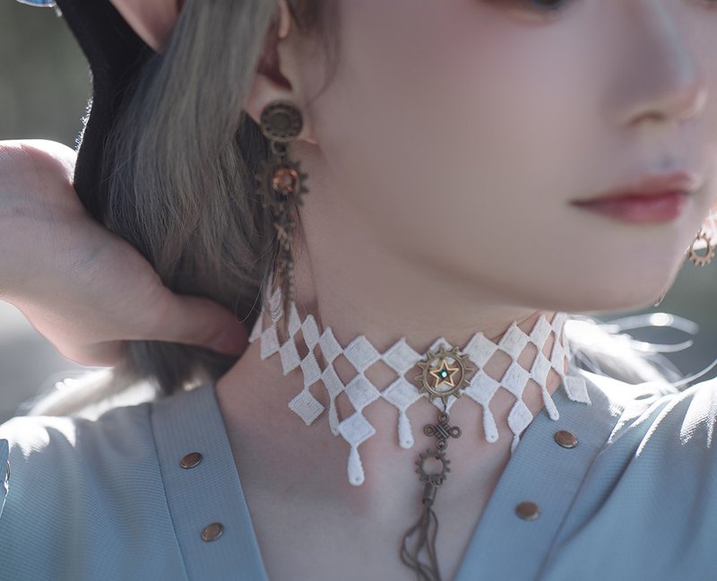 蒸汽朋克 白色方格 蕾絲星星 流蘇choker 項圈 頸鏈頸帶 - 項鍊 - 人造皮革 白色