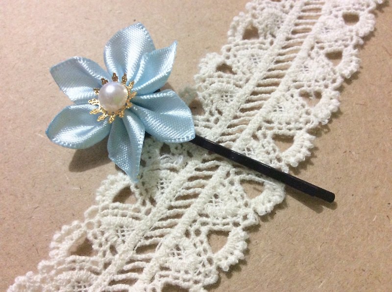 Kanzashi blue ribbon flower hair pin hair accessories - Hair Accessories - Silk Blue