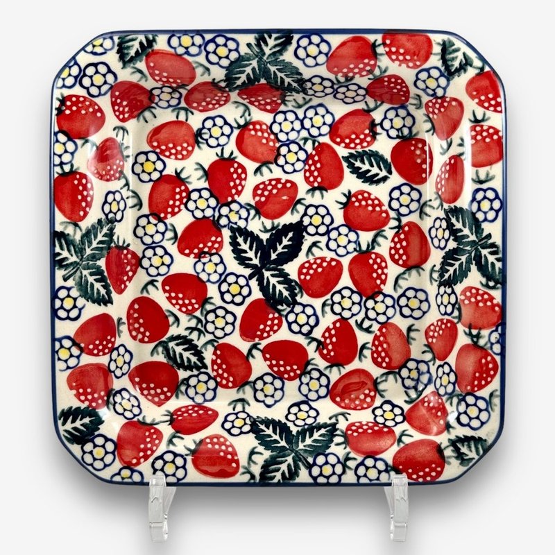 Polish hand-painted pottery - square plate 20cm Wild Strawberry series designer model - Plates & Trays - Pottery Red