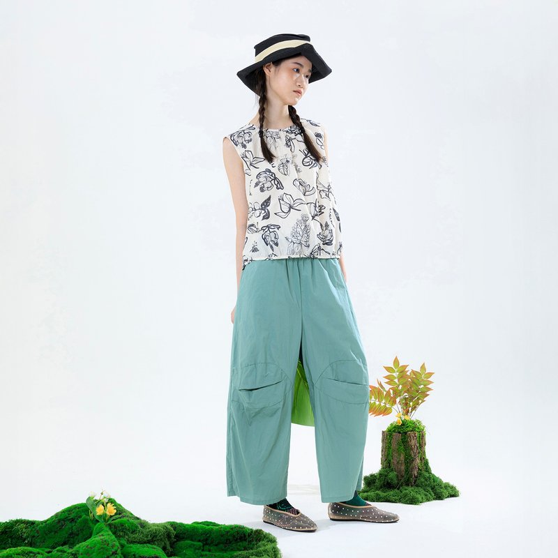 凝視膝間造型壓褶直筒寬褲 - 女長褲 - 棉．麻 綠色