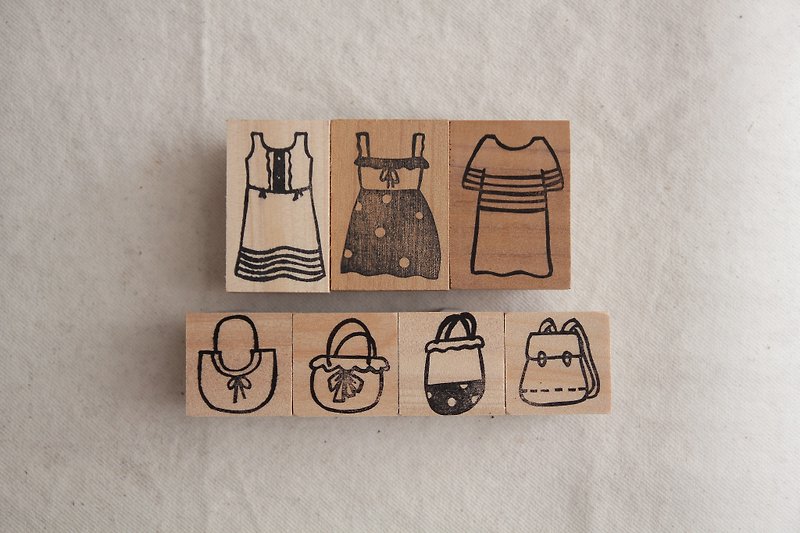 [Seal] clothes + accessories (hat / bag / backpack / shoes) handmade rubber stamp - Stamps & Stamp Pads - Wood Brown