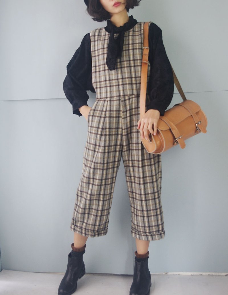 Design Handmade - Vintage Coffee Plaid Discount Master Jumpsuit - Overalls & Jumpsuits - Polyester Brown