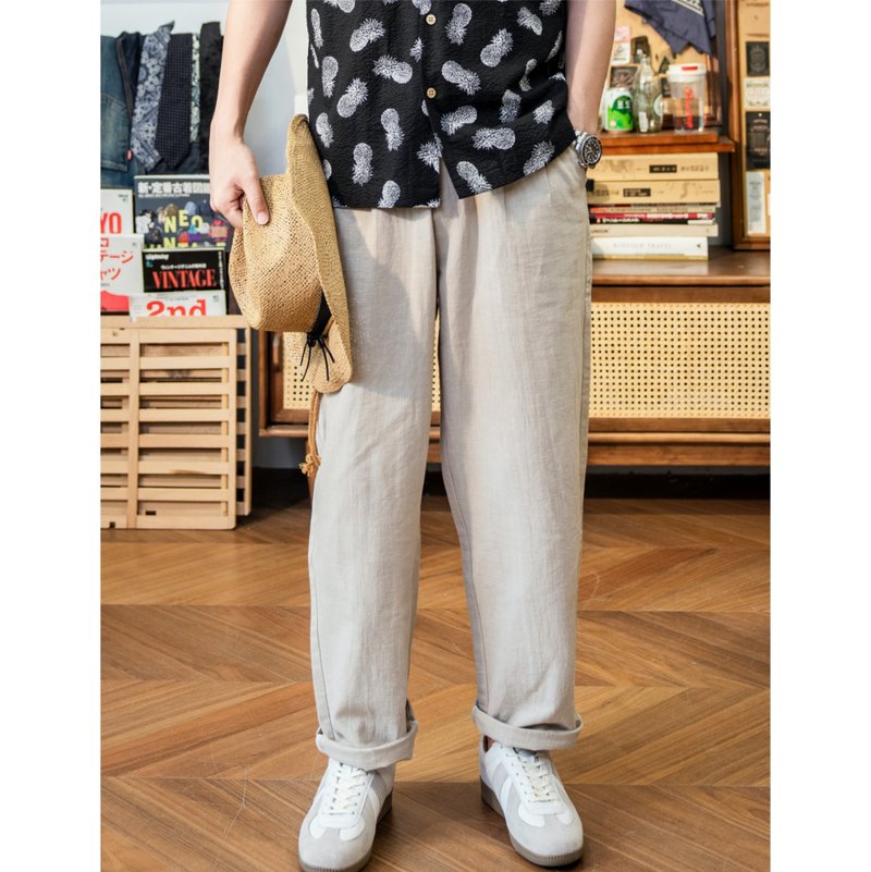 棉麻長褲 休閒 春夏 透氣 舒適 三色cotton-ramie blend pants - 男長褲/休閒褲 - 棉．麻 卡其色