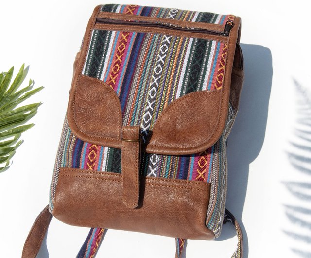 Leather Stitching Design Backpack Real Cowhide Shoulder Bag Ethnic