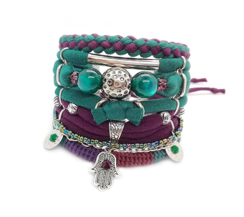 Boho Bracelet Set Emerald Green Burgundy Maroon Hippie Jewelry Hamsa Charm - 手鍊/手鐲 - 棉．麻 綠色