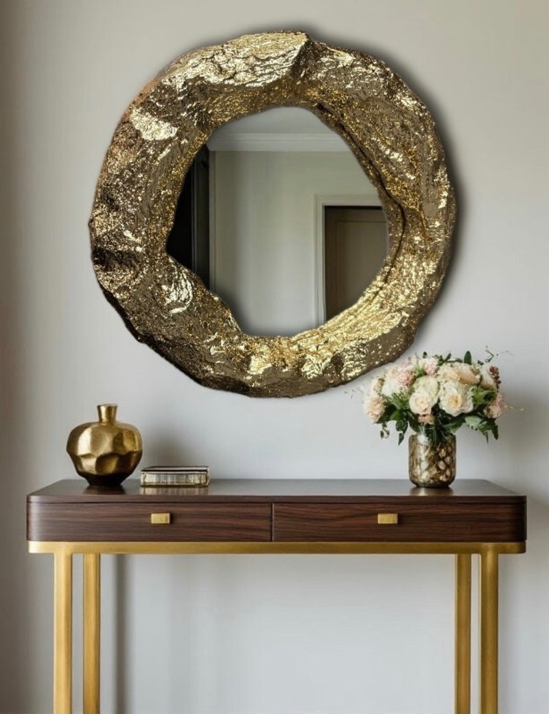 Gold round mirror, hanging mirror for home, gold frame mirror - 壁貼/牆壁裝飾 - 其他材質 金色