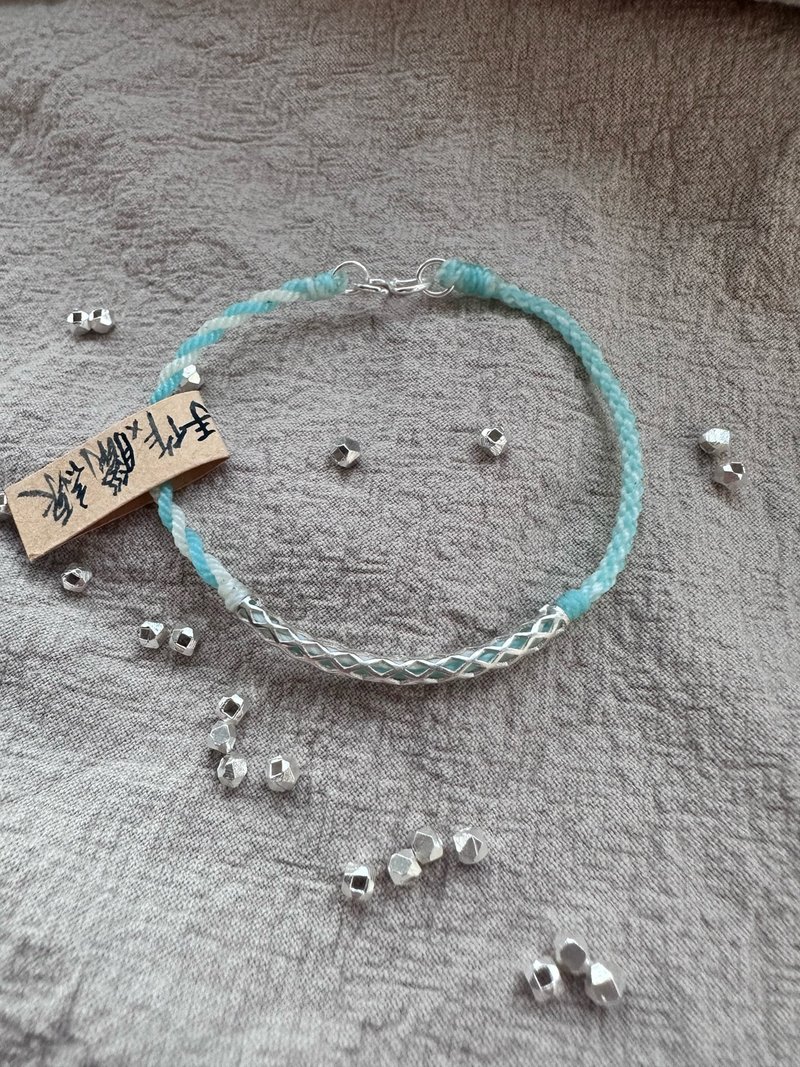 S925 light blue hollow Silver tube Wax thread bracelet - สร้อยข้อมือ - เงินแท้ สีน้ำเงิน