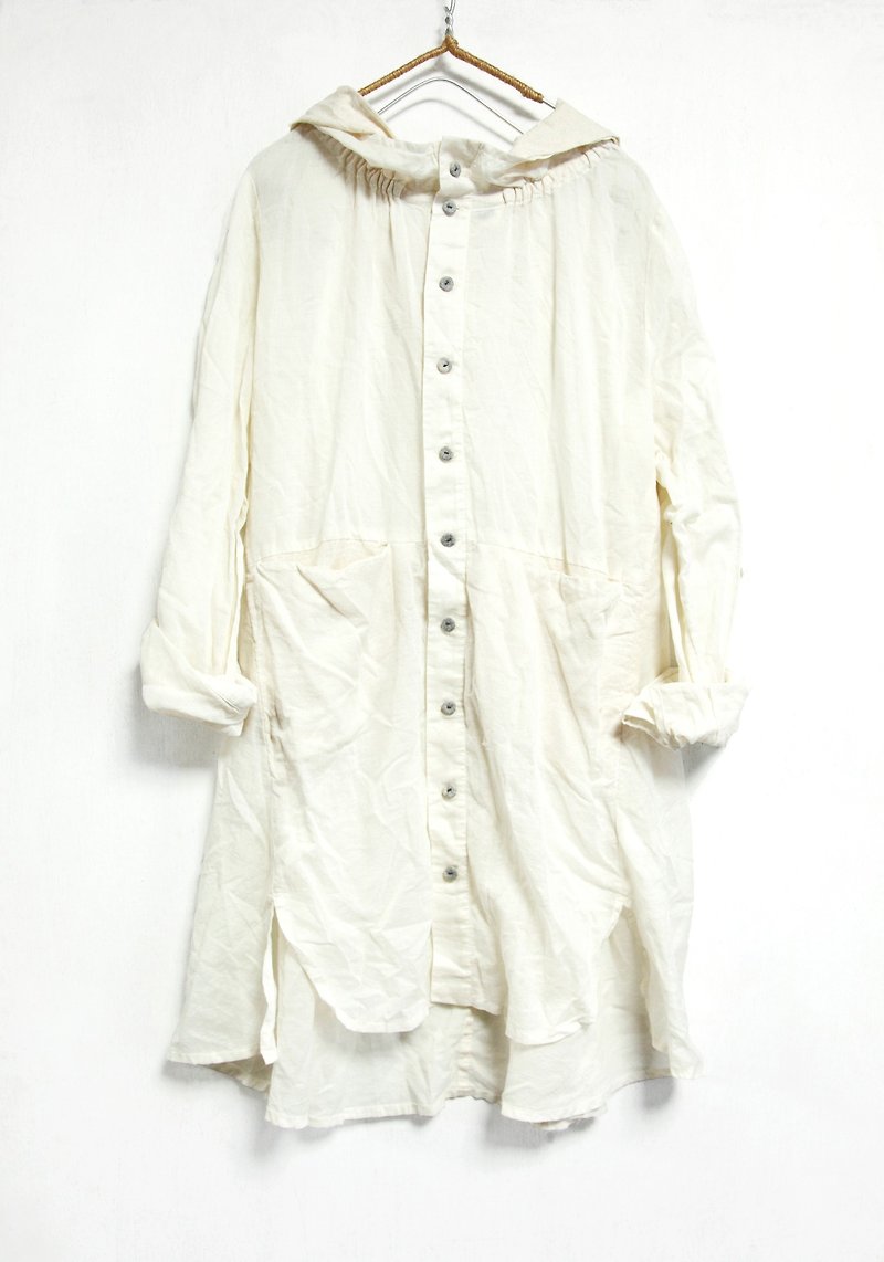Earth_The Night in the Wilderness Hooded Pocket Long Shirt - เสื้อเชิ้ตผู้หญิง - ผ้าฝ้าย/ผ้าลินิน ขาว