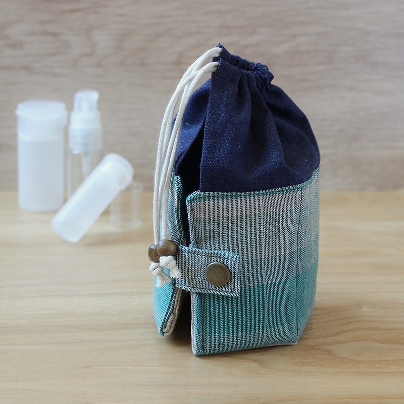 Travel Kit POUCH Essential oil case blue linen & green check - Other - Cotton & Hemp 