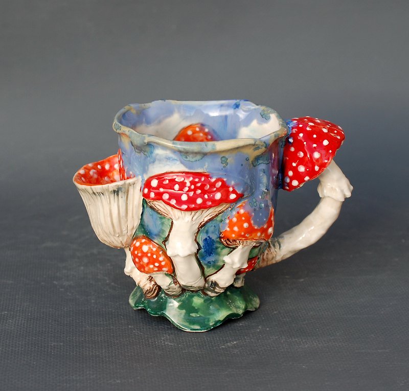 Mushroom Mug Tea Cup with Pocket Painting Inside Cup Colorful Art Mug - Mugs - Pottery Multicolor