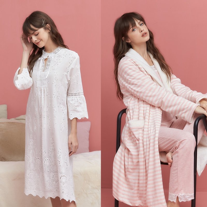 [Two-piece group - dress + robe] home service Hush happy Christmas - white and pink - Loungewear & Sleepwear - Cotton & Hemp Multicolor