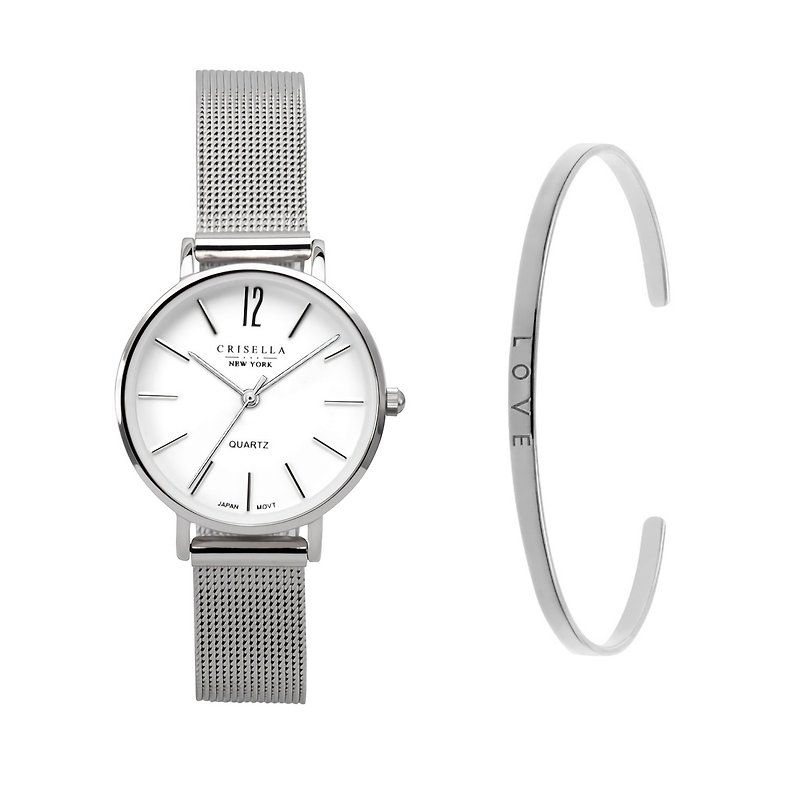 Small Mesh Band Watch and Silver Pearl Bracelet Set - นาฬิกาผู้หญิง - โลหะ หลากหลายสี