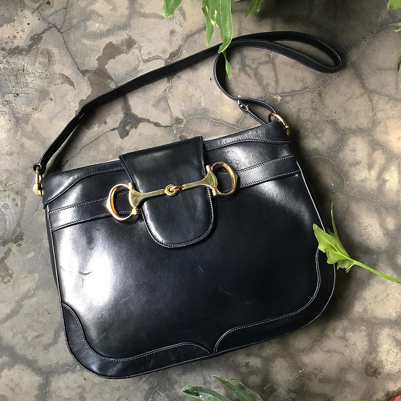 Old bone Bally dark blue leather shoulder portable two-use bag D8 vintage - Handbags & Totes - Genuine Leather 