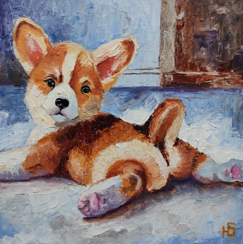 Corgi Puppy Original Oil Painting Funny Dog Pet Portrait Art Gift 手工油畫 油畫原作 - 海報/掛畫/掛布 - 其他材質 多色