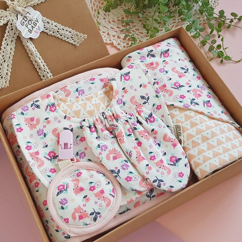 彌月禮物五件組 粉嫩狐狸針織棉柔軟舒適 最實用品項獨家設計製作 - 滿月禮物 - 棉．麻 粉紅色