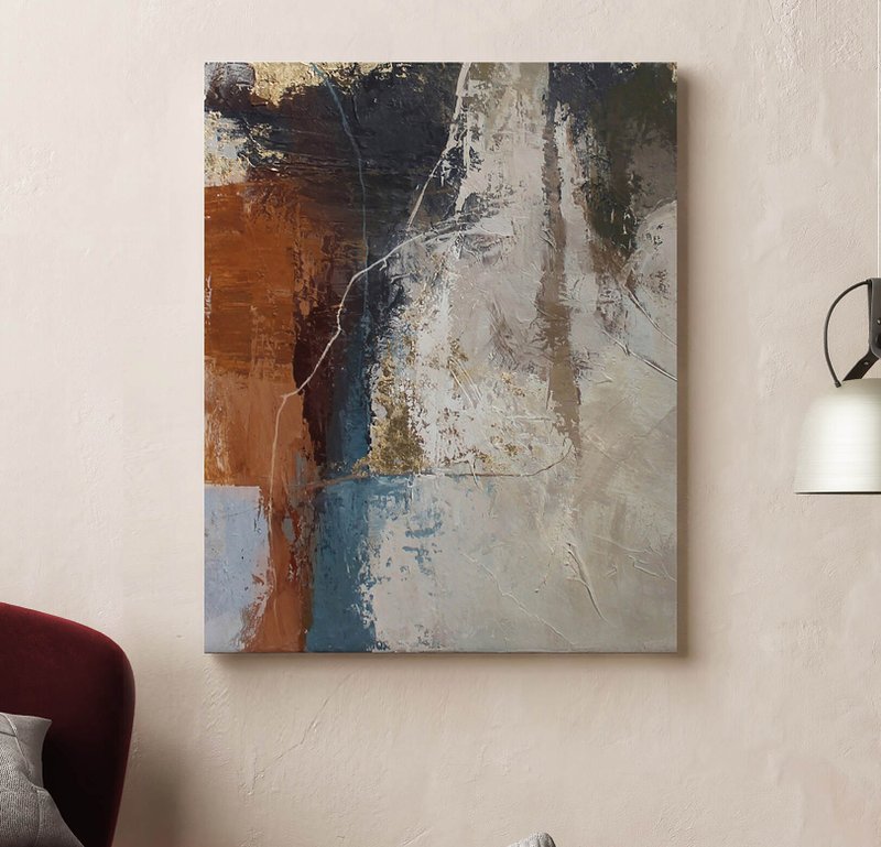 Cream Abstract Painting | Beige Brown Gray Wall Art | Orange flight 7 - 壁貼/牆壁裝飾 - 棉．麻 咖啡色
