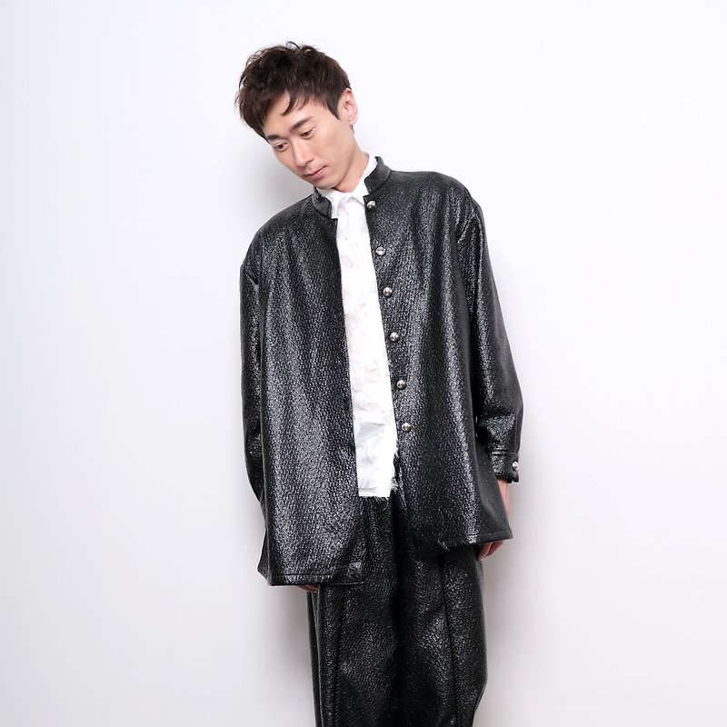 TIMBEE LO black PU coated woven plaid cashmere fabric coat Hong Kong designer brand can be customized - เสื้อโค้ทผู้ชาย - ขนแกะ สีดำ