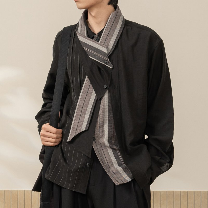 [Brand Name] Urban Retro: Pleated Stripe Patchwork Double-Layer Shirt with Detachable Scarf, Color-Blocked Long Sleeves - Knit Scarves & Wraps - Other Materials Black
