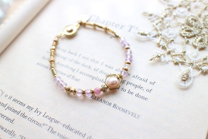 花季-珍珠 紫黃晶 黃銅手鍊 - 手鍊/手鐲 - 其他金屬 多色