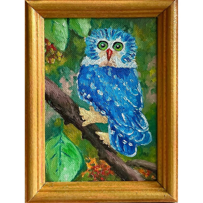 Owl Bird Painting, Original Oil Painting on Canvas, Framed Miniature Artwork - โปสเตอร์ - ผ้าฝ้าย/ผ้าลินิน 