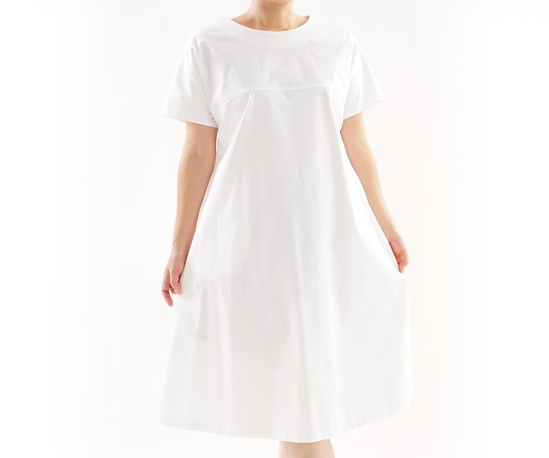 Dolman one piece of white thick cotton mixed stretch flare line / white a16-8 - One Piece Dresses - Cotton & Hemp White