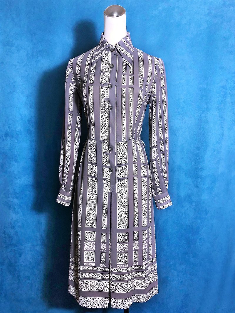 Checkered flower long-sleeved vintage dress / bring back VINTAGE abroad - One Piece Dresses - Polyester Gray