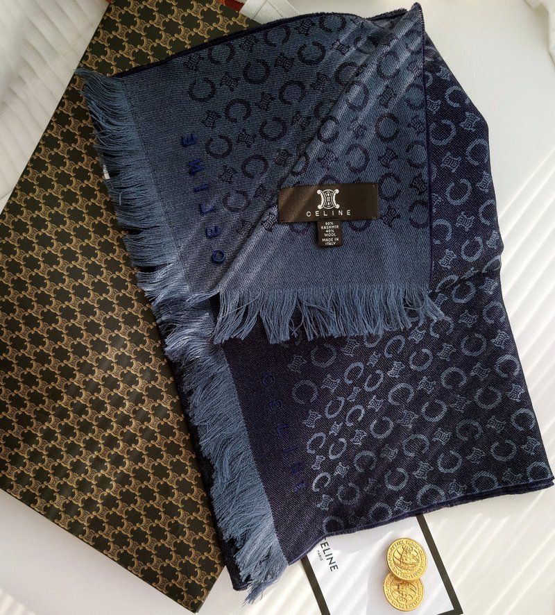 中古品 極軟 CELINE 凱旋門羊毛 毛毯蓋毯頸巾圍巾領巾圍脖披肩 - 圍巾/披肩 - 羊毛 藍色