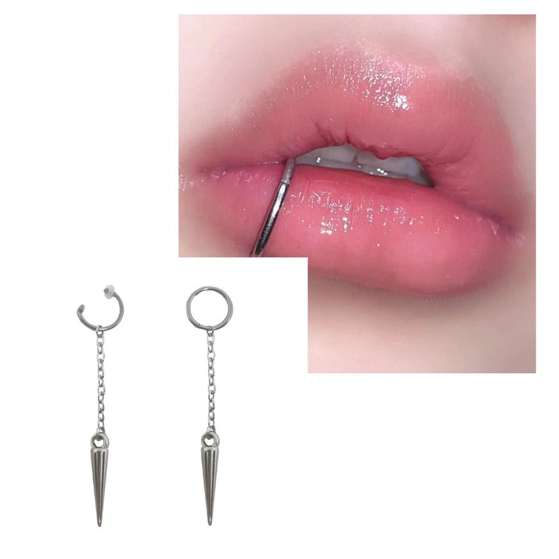 CHAIN PIERCING WITHOUT HOLE fake fake mouth piercing lips Cute, cool - Earrings & Clip-ons - Stainless Steel Silver