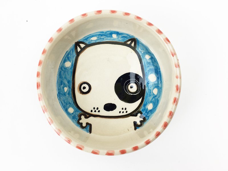 Nice Little Clay hand painted disk _ cute black round dog 112521 - Small Plates & Saucers - Pottery Blue