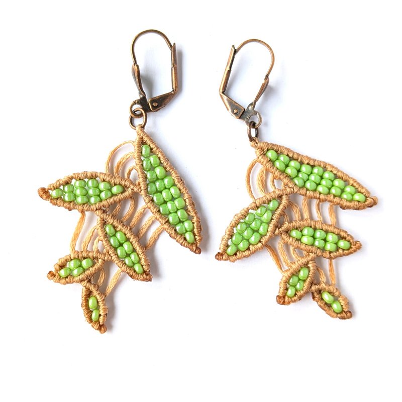 Macrame Tutorial Beaded Leaves Earrings Beginner macrame pattern leaves - 手工藝教學/工具書 - 其他材質 