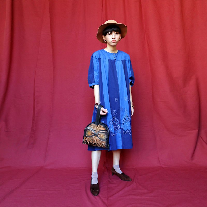 南瓜Vintage。古著圓領雕花洋裝 - 連身裙 - 棉．麻 藍色