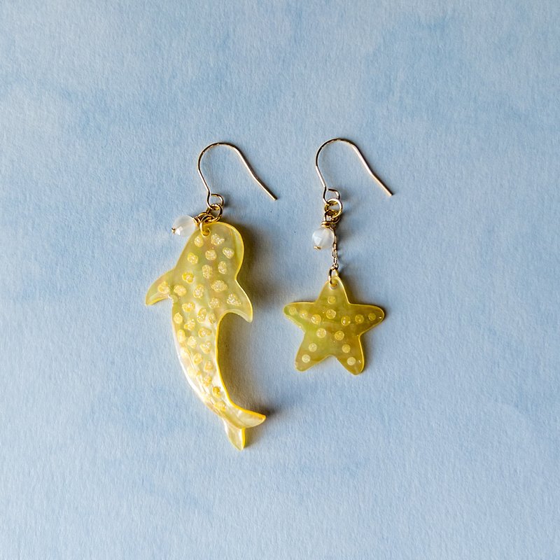 Whale Shark and Star Fish with Moon Stone - Earrings & Clip-ons - Shell Silver