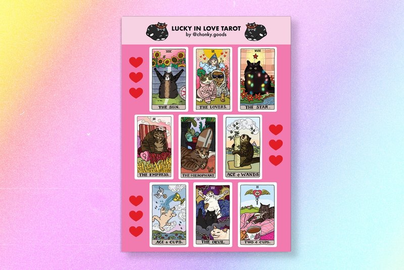 Sticker Sheets - Lucky In Love Tarot Cat Meme - 貼紙 - 塑膠 