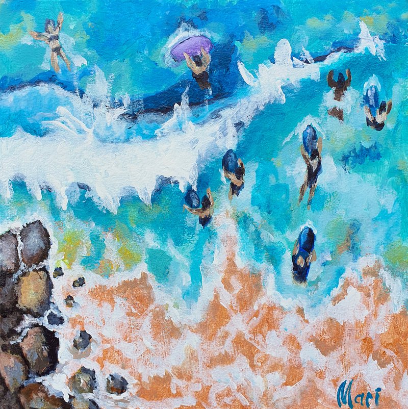 Seascape Painting Surfing Acrylic Original Art Tropical Beach Swim Sea Surfrider - Posters - Other Materials Blue