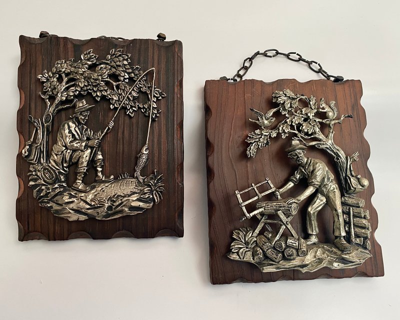 復古 3D 錫牆裝飾牌匾鄉村風格木質底座德國 - 壁貼/牆壁裝飾 - 木頭 多色